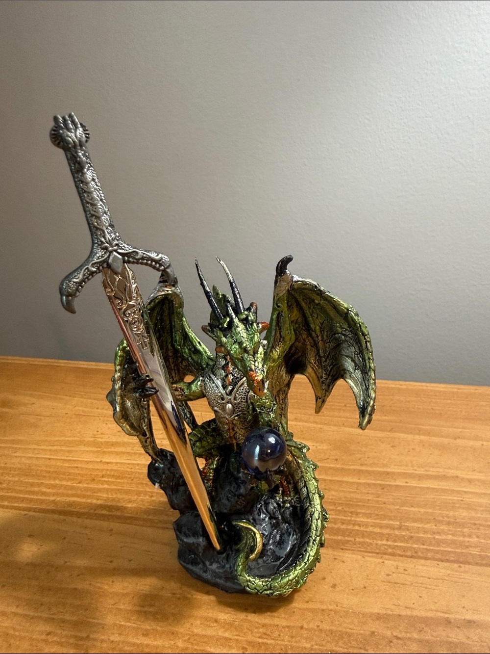 Medieval Green Dragon Statue with Sword and Orb